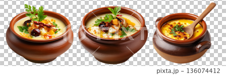Cazuela chilean Stew pot served in rustic bowl with wooden spoon isolated on white background, South American Cuisine Cazuela chilean Stew pot served in rustic bowl with wooden spoon isolated on white background, South American Cuisine 136074412