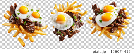 Chorillana beef fried with eggs garnished and herbs, street food isolated on white background. South American Cuisine Chorillana beef fried with eggs garnished and herbs, street food isolated on white background. South American Cuisine 136074413