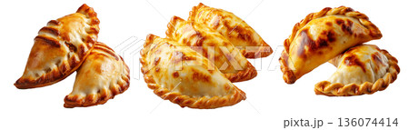 Argentina and Uruguay empanadas stacked in a pyramid, golden baked crust, meat and potato filling, isolated on white background Argentina and Uruguay empanadas stacked in a pyramid, golden baked crust, meat and potato filling, isolated on white background 136074414