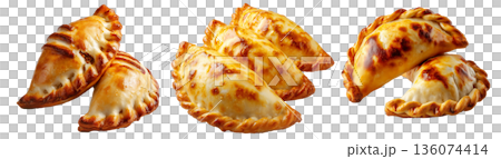 Argentina and Uruguay empanadas stacked in a pyramid, golden baked crust, meat and potato filling, isolated on white background Argentina and Uruguay empanadas stacked in a pyramid, golden baked crust, meat and potato filling, isolated on white background 136074414