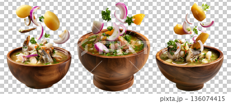 Ecuador encebollado fish seafood soup with onion, yuca, egg and herbs flying from wooden bowl, isolated on white background Ecuador encebollado fish seafood soup with onion, yuca, egg and herbs flying from wooden bowl, isolated on white background 136074415