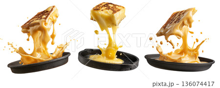 Argentina grilled Provoleta cheese pieces stacked, isolated on white transparent background. Concept of South American Cuisine 136074417