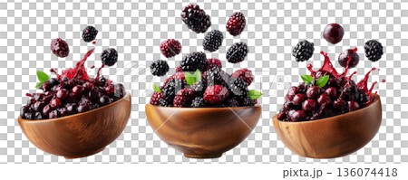 Berry Cobbler made from blackberries and raspberries in wooden bowl, isolated on white background, concept of fresh organic fruit 136074418