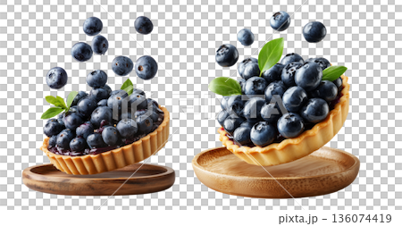 New England blueberry pie topped with fresh berries and mint leaves, isolated on white background, American dessert 136074419