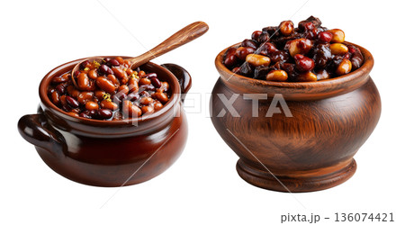 Cooked red kidney beans in wooden bowl, isolated on white background, Boston Baked Beans slow-cooked with molasses and pork 136074421