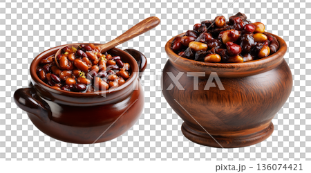 Cooked red kidney beans in wooden bowl, isolated on white background, Boston Baked Beans slow-cooked with molasses and pork 136074421