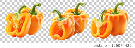 Whole yellow bell pepper with a sliced half showing seeds and texture, isolated on white transparent background. Whole yellow bell pepper with a sliced half showing seeds and texture, isolated on white transparent background. 136074426