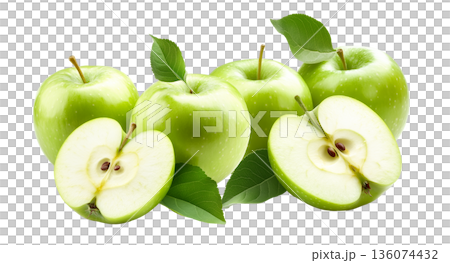 Whole and sliced green apples with fresh green leaves isolated on white background, concept of healthy fresh fruit Whole and sliced green apples with fresh green leaves isolated on white background, concept of healthy fresh fruit 136074432