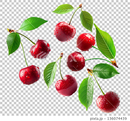 Juicy red cherries with fresh green leaves and water droplets, isolated on a white background, concept of freshness 136074439