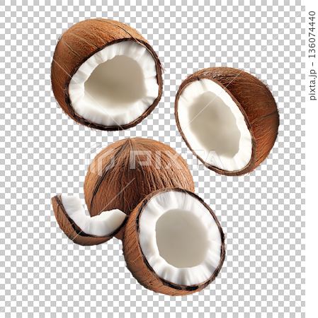 Halved ripe coconuts with fibrous brown shells and white meat, isolated on white background, concept of tropical fruits 136074440