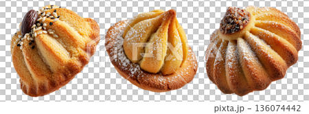 Set of Maamoul traditional sesame covered pastry, cookies powdered with sugar on white background. Concept of baked dessert food Set of Maamoul traditional sesame covered pastry, cookies powdered with sugar on white background. Concept of baked dessert food 136074442