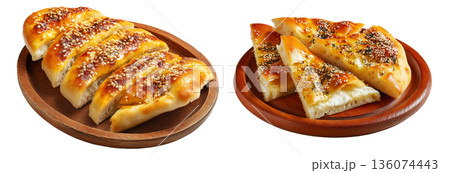 Set of Manakish freshly baked round Turkish flatbread with za'atar, cheese or minced meat isolated on white background Set of Manakish freshly baked round Turkish flatbread with za'atar, cheese or minced meat isolated on white background 136074443