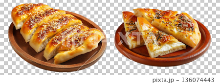 Set of Manakish freshly baked round Turkish flatbread with za'atar, cheese or minced meat isolated on white background Set of Manakish freshly baked round Turkish flatbread with za'atar, cheese or minced meat isolated on white background 136074443