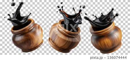 Set of Egyp Molasses black syrup jar splashing from a polished jar, isolated on white background, concept of Arabic Cuisine Set of Egyp Molasses black syrup jar splashing from a polished jar, isolated on white background, concept of Arabic Cuisine 136074444