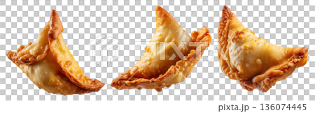 Set of Sambousek small crescent baked dumpling with twisted and pinched crust with cheese or meat, isolated on white background Set of Sambousek small crescent baked dumpling with twisted and pinched crust with cheese or meat, isolated on white background 136074445