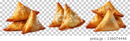 Set of Briouat triangular fruit filled pastries, phyllo pastries filled with meat or almonds on white, Arabic sweet desserts 136074446