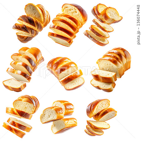 Set of baked braided Challah Jewish bread loaf with a golden crust, isolated on white transparent background Set of baked braided Challah Jewish bread loaf with a golden crust, isolated on white transparent background 136074448