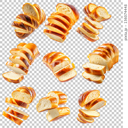 Set of baked braided Challah Jewish bread loaf with a golden crust, isolated on white transparent background 136074448