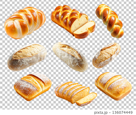 Various types of freshly baked bread loaves and slices shown on white background, rustic and braided styles for bakery concepts 136074449