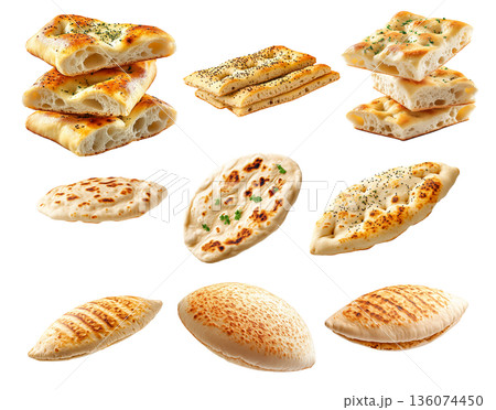 Various types of flatbreads and pita breads arranged on white background, showing texture and variety, concept of traditional food Various types of flatbreads and pita breads arranged on white background, showing texture and variety, concept of traditional food 136074450