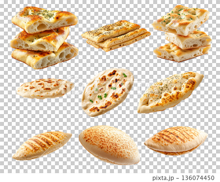 Various types of flatbreads and pita breads arranged on white background, showing texture and variety, concept of traditional food Various types of flatbreads and pita breads arranged on white background, showing texture and variety, concept of traditional food 136074450