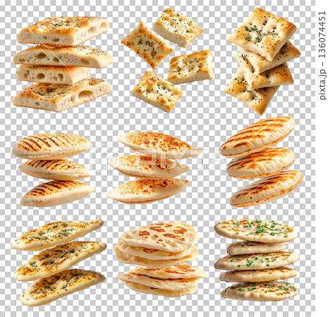Various types of flatbreads and pita breads arranged on white background, showing texture and variety, concept of traditional food Various types of flatbreads and pita breads arranged on white background, showing texture and variety, concept of traditional food 136074451