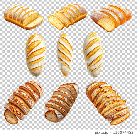 Various types of sliced artisan bread loaves with crusty and soft textures, isolated on white background, concept of bakery Various types of sliced artisan bread loaves with crusty and soft textures, isolated on white background, concept of bakery 136074452