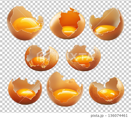 Close-up of cracked brown egg with yolk inside eggshell, isolated on white transparent background. Close-up of cracked brown egg with yolk inside eggshell, isolated on white transparent background. 136074461
