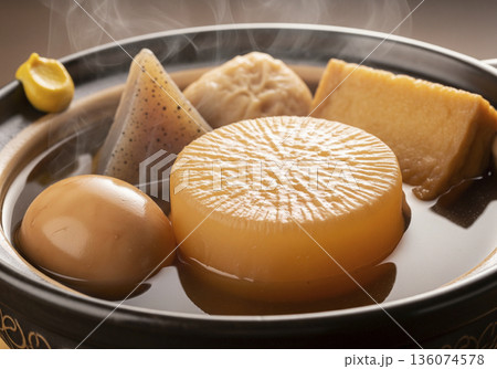 味が染みた美味しいおでんの盛り合わせ（大根・卵・こんにゃく・厚揚げ・鍋） 136074578