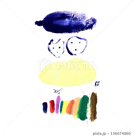 カラフルな水彩の層と人と猫と鳥を構成した手描きのイラスト素材 136074860