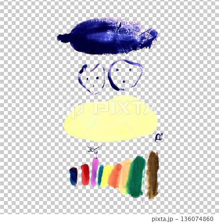 カラフルな水彩の層と人と猫と鳥を構成した手描きのイラスト素材 136074860