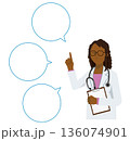 吹き出しでポイントを説明する白衣の黒人女性医師のフラットイラスト（上半身） 136074901