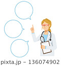 吹き出しでポイントを説明する白衣の白人女性医師のフラットイラスト（上半身） 136074902
