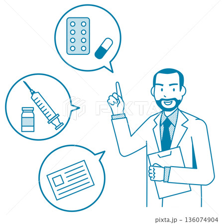 薬や注射について吹き出しで説明する男性医師の医療アイコン 線画イラスト フラットデザイン 薬や注射について吹き出しで説明する男性医師の医療アイコン 線画イラスト フラットデザイン 136074904