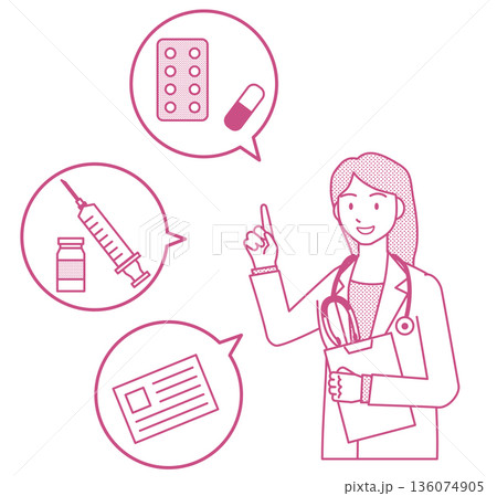 薬や注射について吹き出しで説明する女性医師の医療アイコン 線画イラスト フラットデザイン 薬や注射について吹き出しで説明する女性医師の医療アイコン 線画イラスト フラットデザイン 136074905