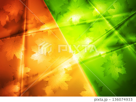 High contrast bright green summer and orange autumn background with leaves High contrast bright green summer and orange autumn background with leaves 136074933