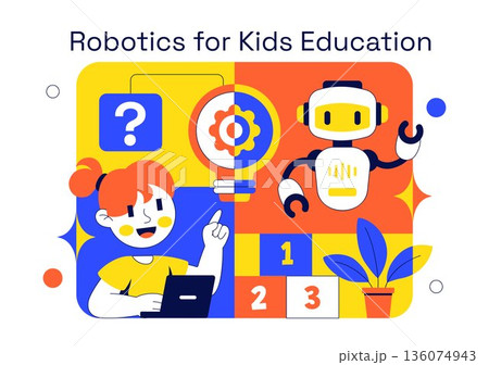 Robotics For Kids Education Vector Illustration Featuring Learning Technology And STEM In a Flat Cartoon Style Background 136074943