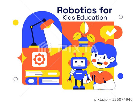 Robotics For Kids Education Vector Illustration Featuring Learning Technology And STEM In a Flat Cartoon Style Background Robotics For Kids Education Vector Illustration Featuring Learning Technology And STEM In a Flat Cartoon Style Background 136074946