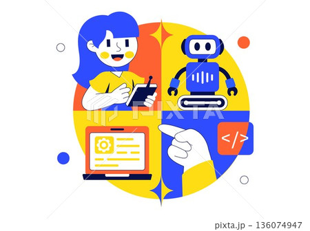 Robotics For Kids Education Vector Illustration Featuring Learning Technology And STEM In a Flat Cartoon Style Background 136074947