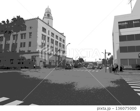 港町横浜・関内界隈の道路と街並み。イラスト風の写真。 港町横浜・関内界隈の道路と街並み。イラスト風の写真。 136075000