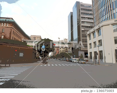 港町横浜・関内界隈の道路と街並み。イラスト風の写真。 港町横浜・関内界隈の道路と街並み。イラスト風の写真。 136075003