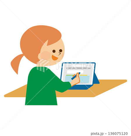 タブレット端末で授業を受ける生徒　イラスト素材 136075120
