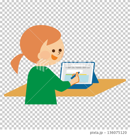 タブレット端末で授業を受ける生徒　イラスト素材 136075120