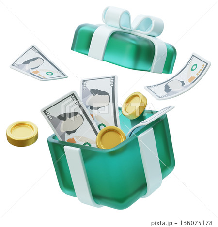 3D cartoon gift box popping with flying hundred dollar bills and golden coins 136075178