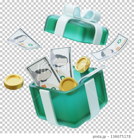 3D cartoon gift box popping with flying hundred dollar bills and golden coins 136075178
