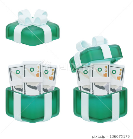 3D rendered cartoon gift box containing stacks of hundred dollar bills 136075179