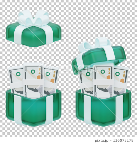 3D rendered cartoon gift box containing stacks of hundred dollar bills 136075179