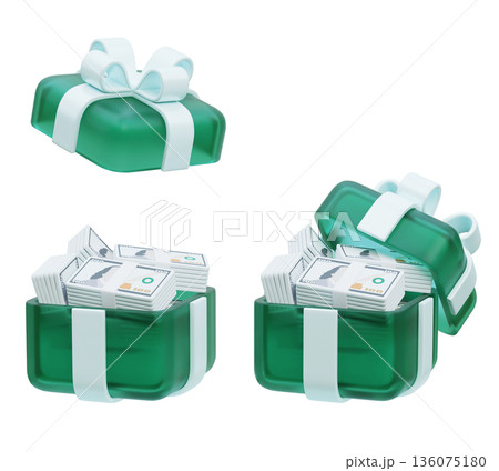 3D rendered cartoon gift box containing stacks of hundred dollar bills 136075180