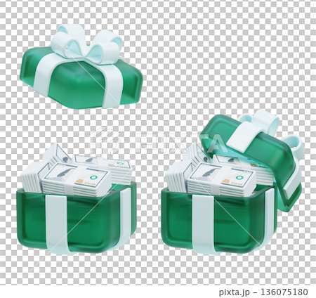 3D rendered cartoon gift box containing stacks of hundred dollar bills 136075180
