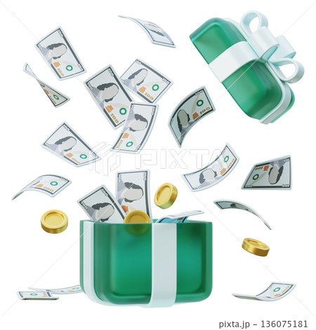 3D cartoon gift box popping with flying hundred dollar bills and golden coins 136075181
